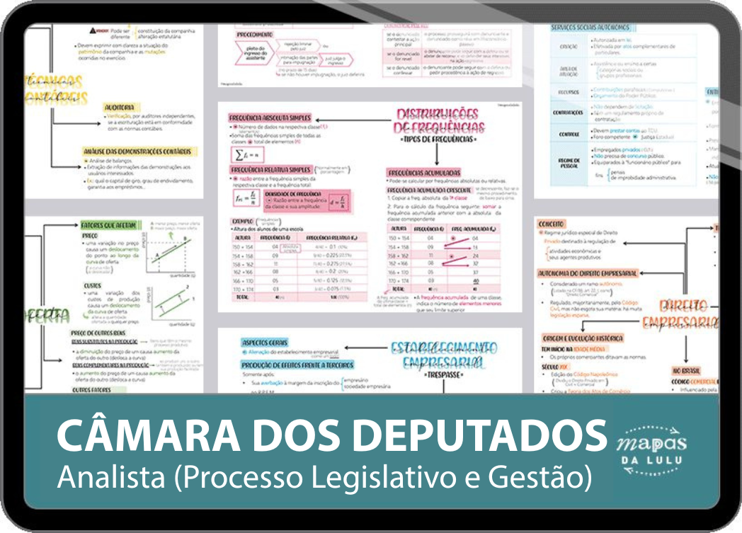 Mapas da Lulu. Os melhores e mais completos mapas mentais para o concurso de Analista (Processo Legislativo e Gestão) da Câmara. Totalmente atualizados e com download liberado.