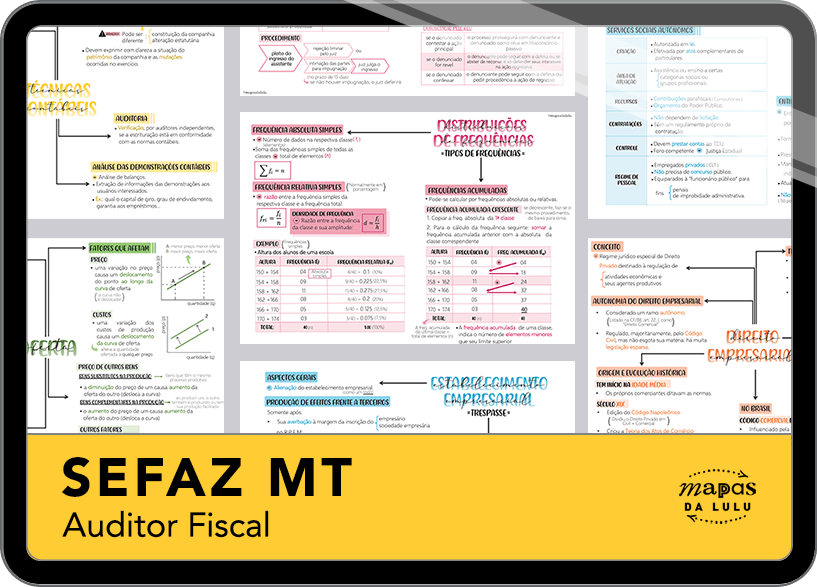 Mapas da Lulu. Os melhores e mais completos mapas mentais para o concurso de Auditor Fiscal da SEFAZ-MT. Totalmente atualizados e com download liberado.