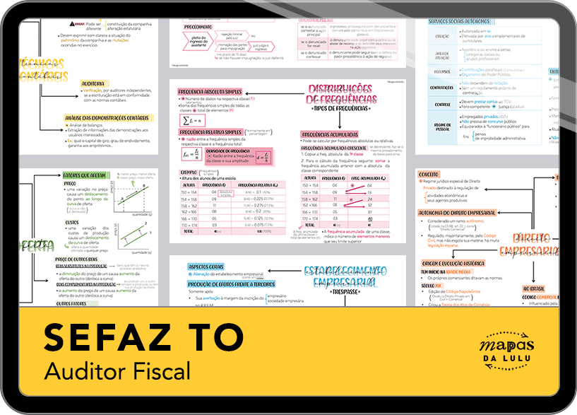 Mapas da Lulu. Os melhores e mais completos mapas mentais para o concurso de Auditor Fiscal da SEFAZ-TO. Totalmente atualizados e com download liberado.