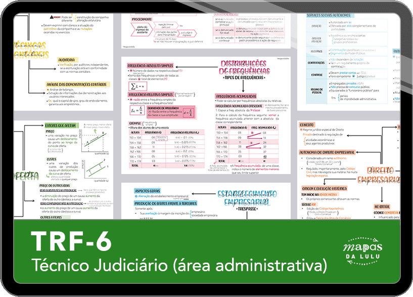 Mapas da Lulu. Os melhores e mais completos mapas mentais para o concurso de Técnico (Área Administrativa) do TRF6. Totalmente atualizados e com download liberado.