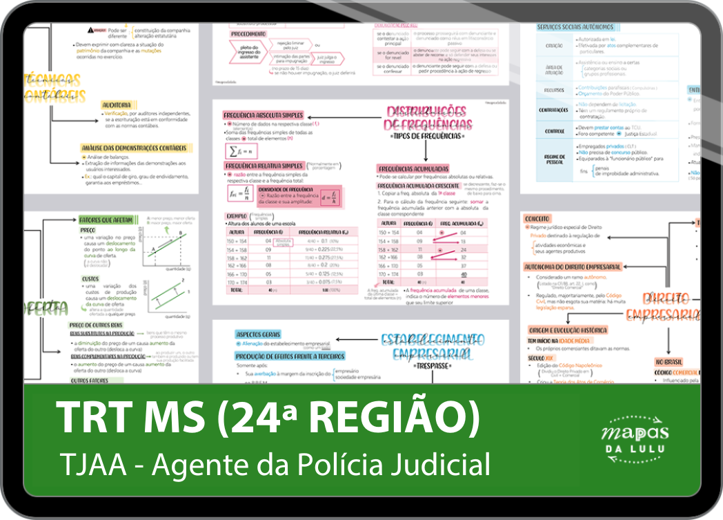 Mapas da Lulu. Os melhores e mais completos mapas mentais para o concurso de Técnico (Agente da Polícia Judicial) do TRT MS (24ª Região). Totalmente atualizados e com download liberado.